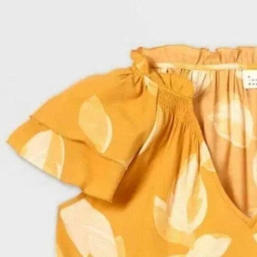 A New Day NWT Womens XS Yellow White Leaf Print Flutter Sleeve V Neck Rayon Top - Picture 6 of 8